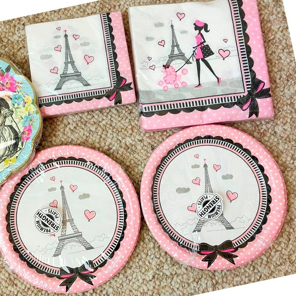 Paris Birthday Party tablewear 36 Napkins 16 Paper Plates Set Pink Eiffel Tower